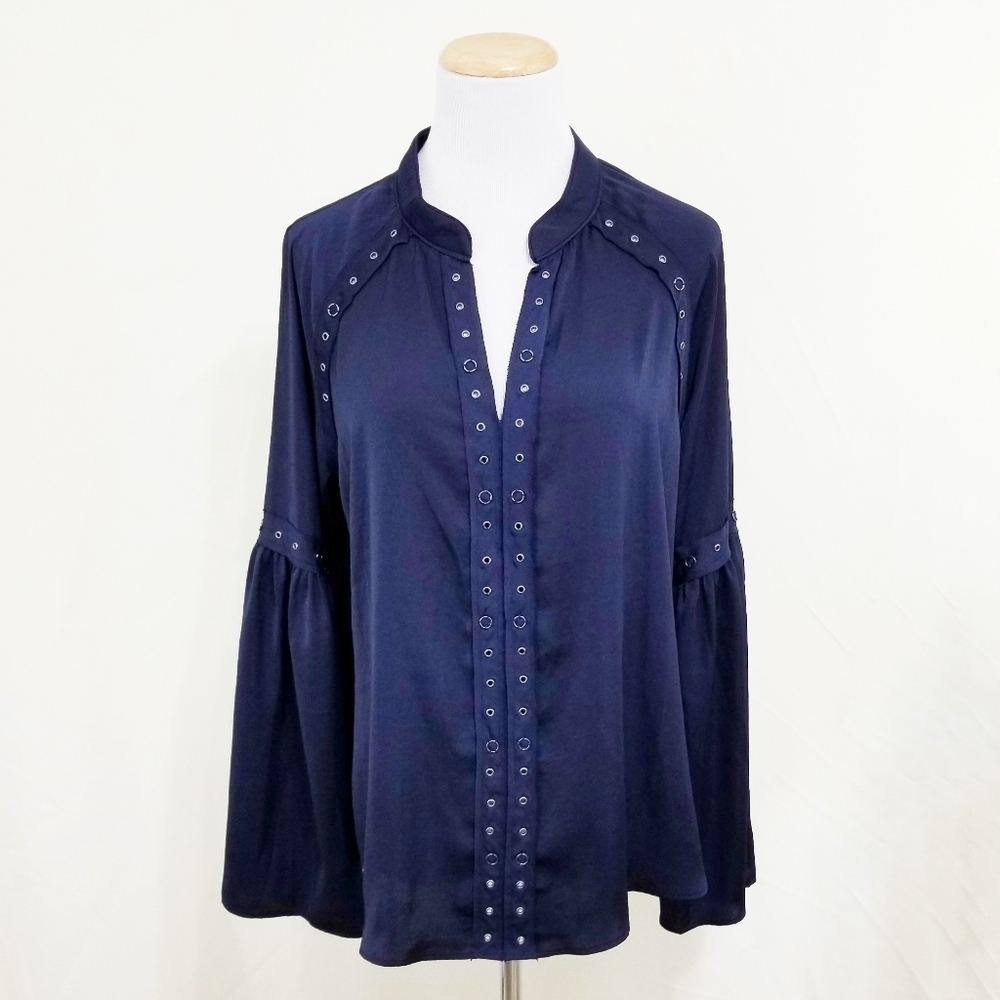 Soft Surroundings Gail grommet top navy blue satin Long Sleeve Women's medium M